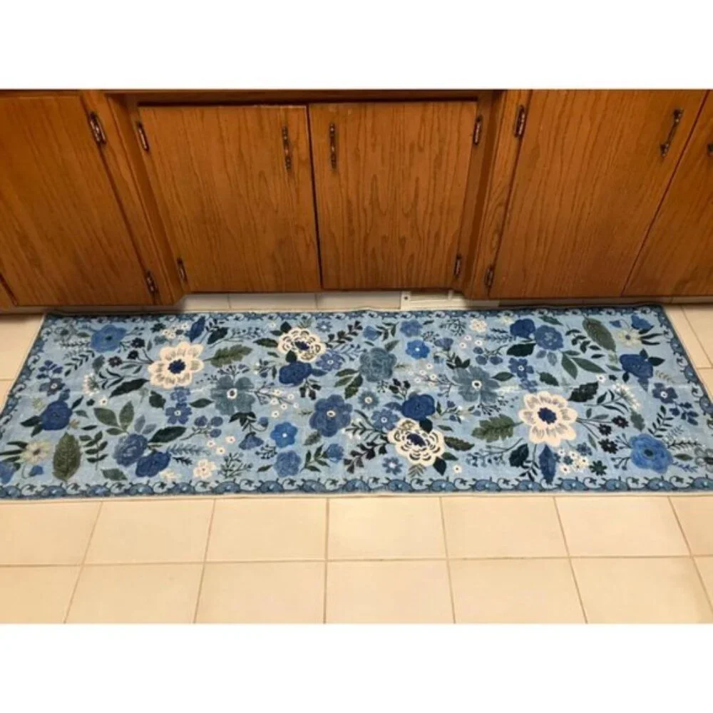 Non Slip 2'x 6' Blue Washable Runner Rugs with Rubber Backing Soft Floral Carpet